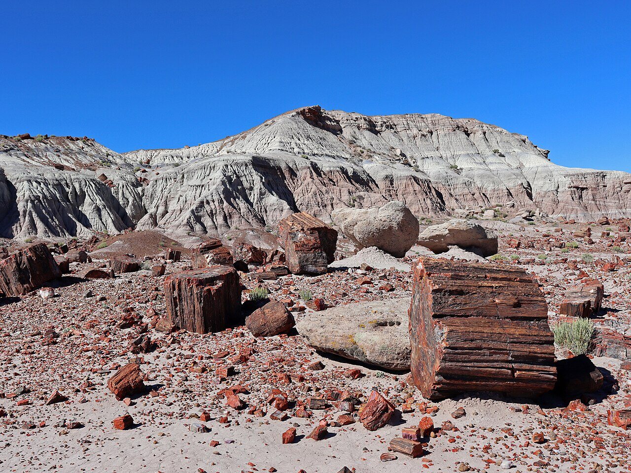 Banded badlands rolling toward a wide desert horizon