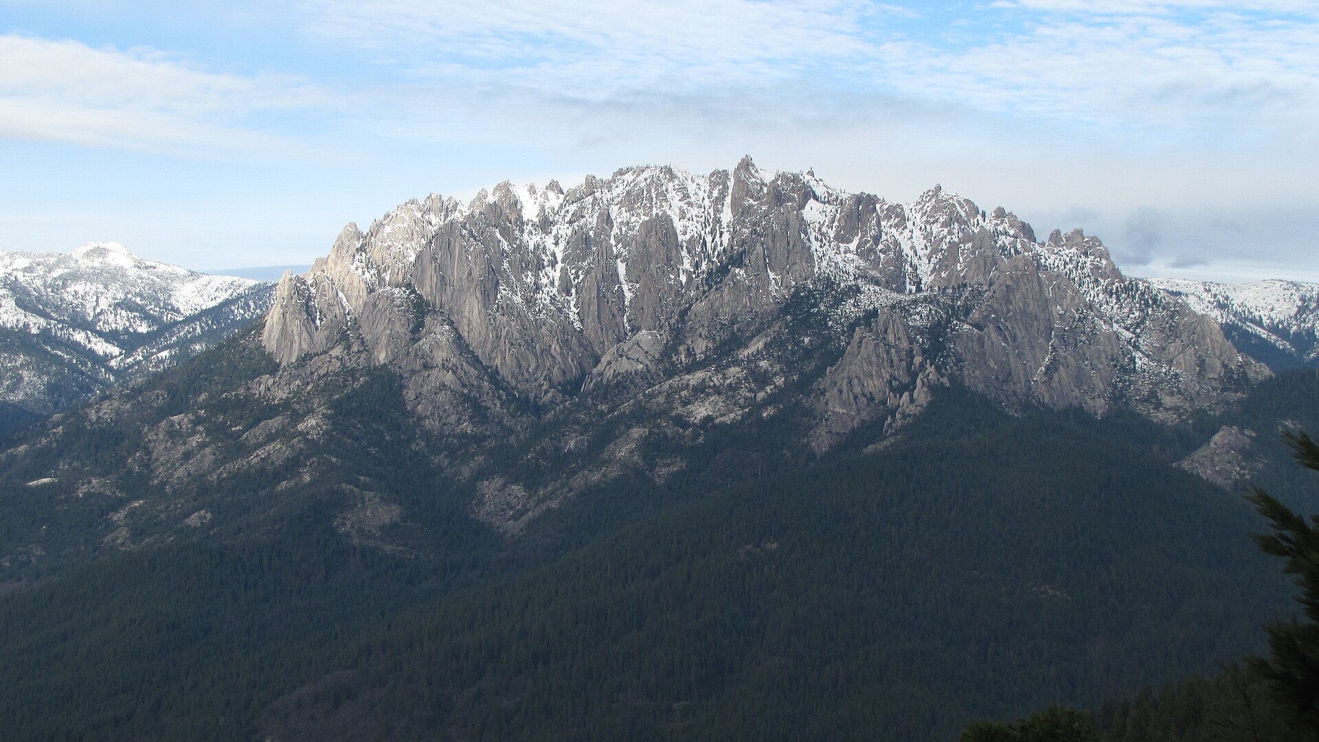 Snow on the granite of Castle Crags, Shasta-Trinity National Forest