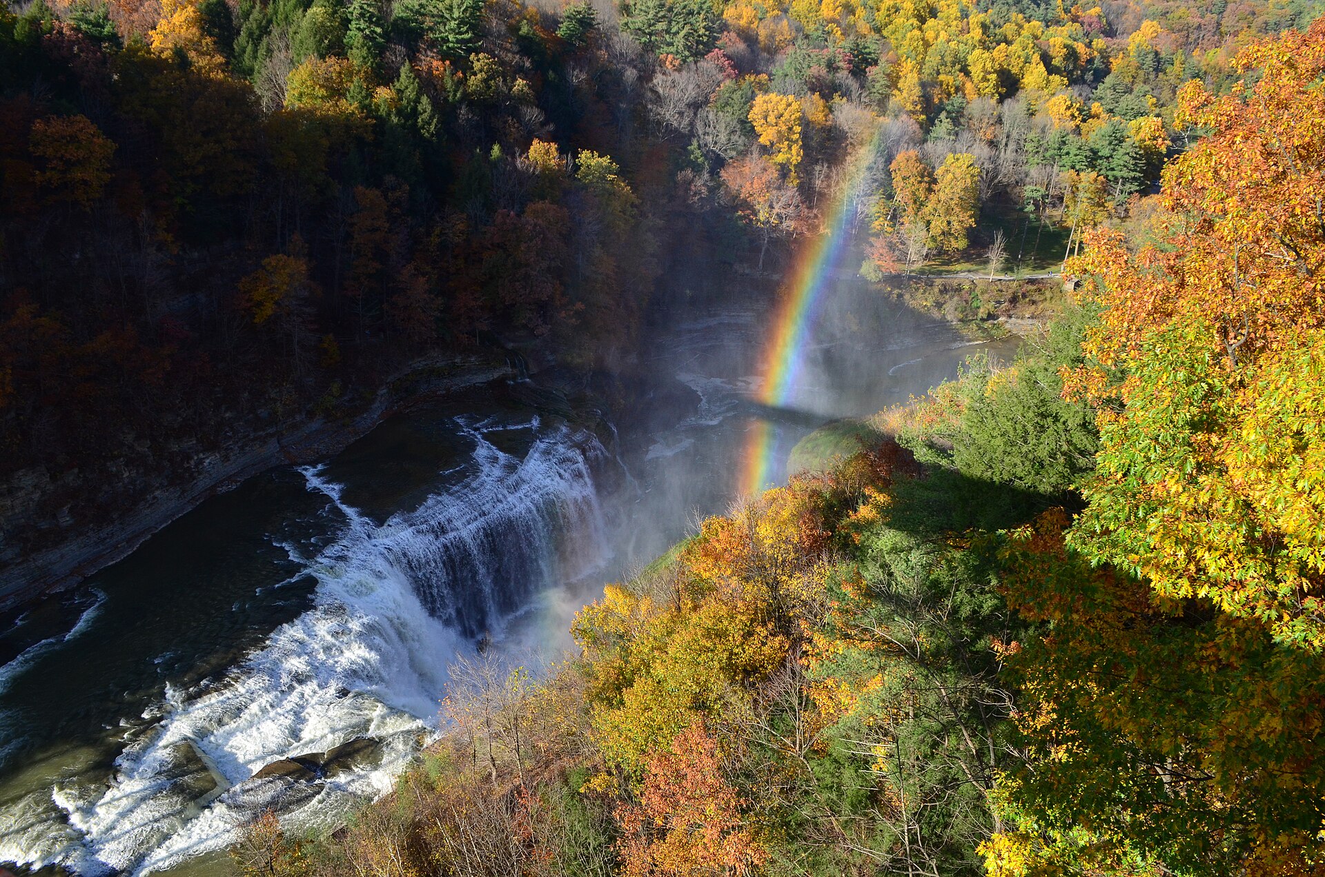 Middle Falls, a rainbow, and October color at Letchworth