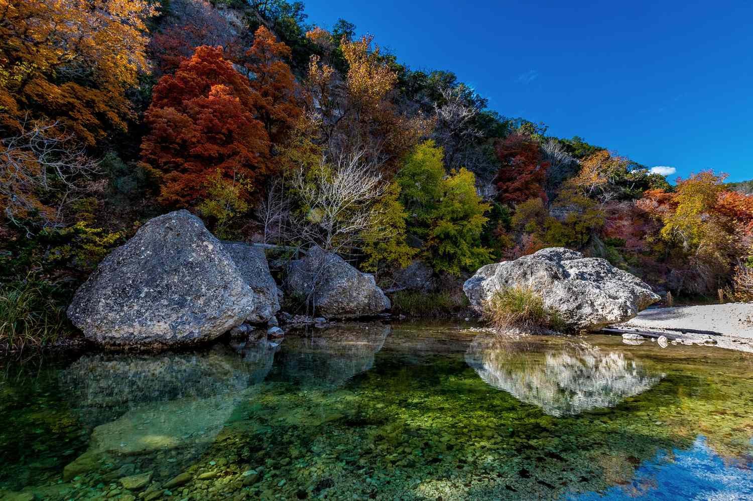 Autumn maple and limestone over a clear Hill Country pool
