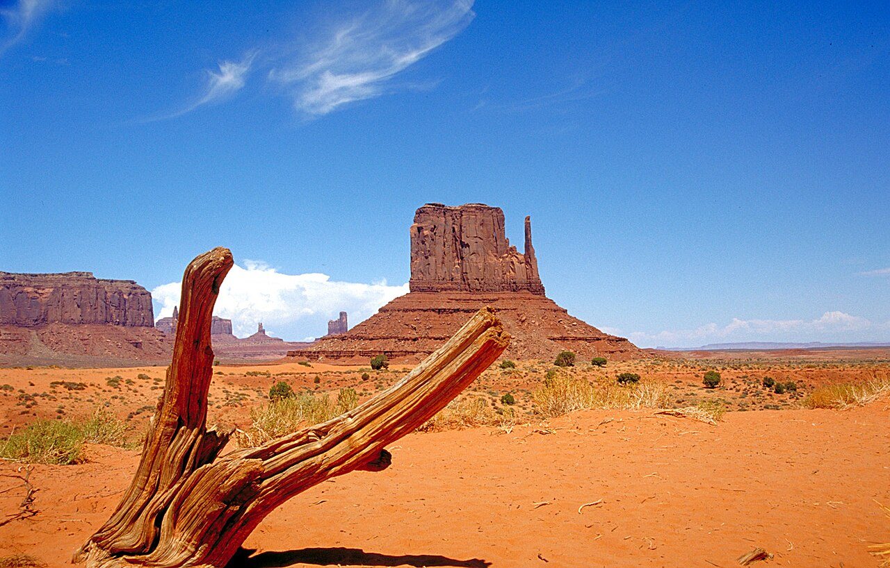 Totem Pole spires above a quiet desert floor