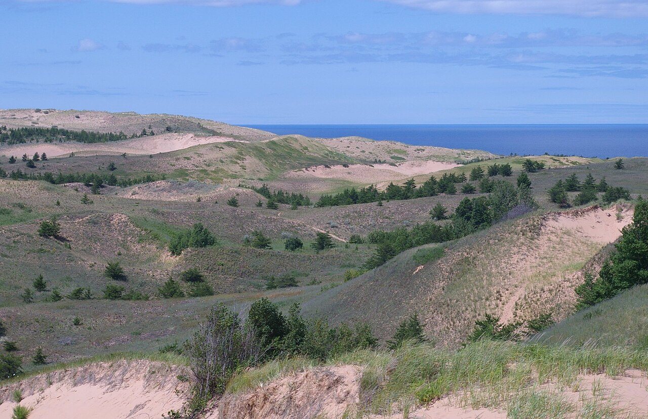 Wind-shaped dunes meeting a quiet lakeshore