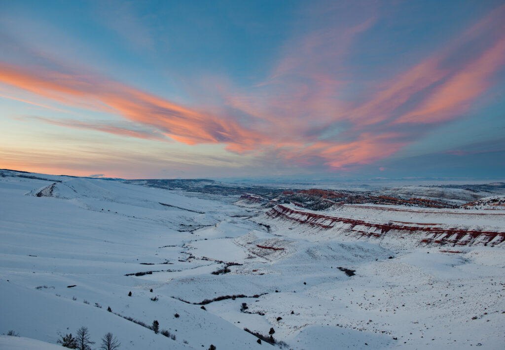 Red beds showing through a winter storm