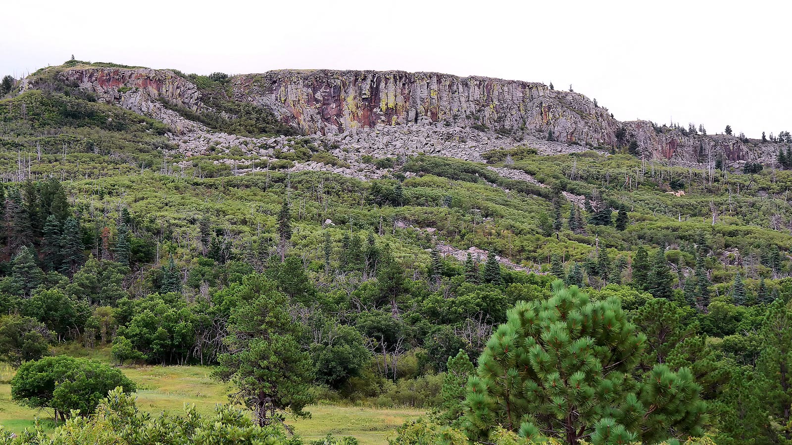 Basalt cliffs above a Sugarite forest slope